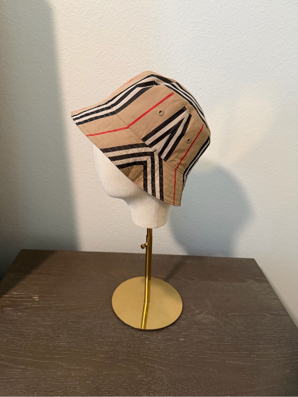 Burberry Beige Tan Black Stripe Bucket Hat with Red Accents